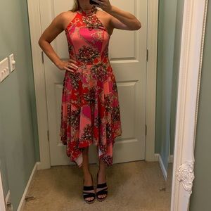 Red and pink handkerchief hem, halter Venus dress